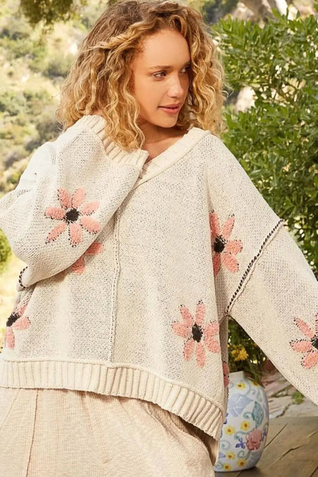 POL V - Neck Floral Pattern Chenille Sweater - Sleekdenim.com