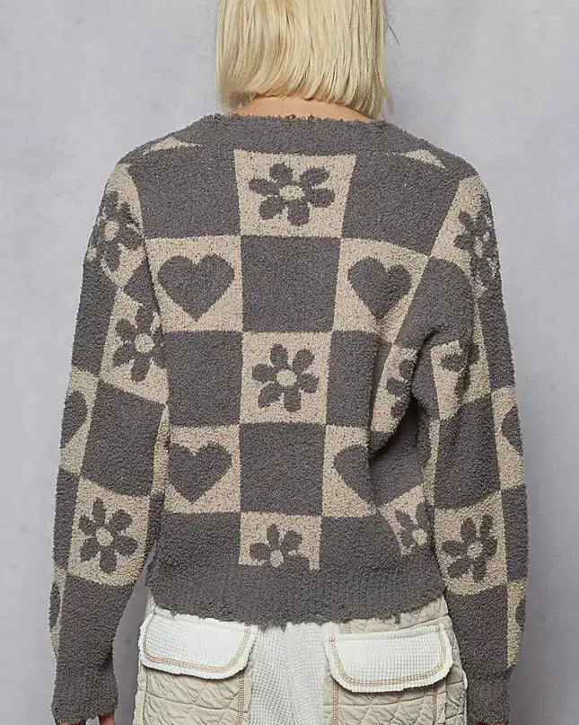 POL V-Neck Heart Pattern Checkered Sweater - Sleekdenim.com