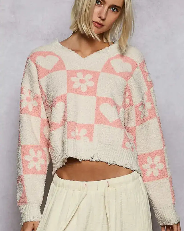 POL V-Neck Heart Pattern Checkered Sweater - Sleekdenim.com