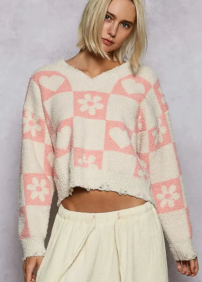 POL V-Neck Heart Pattern Checkered Sweater - Sleekdenim.com