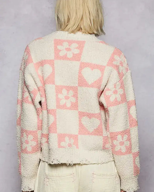 POL V-Neck Heart Pattern Checkered Sweater - Sleekdenim.com
