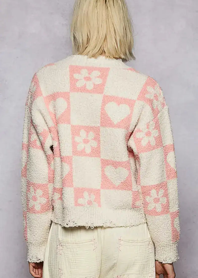 POL V-Neck Heart Pattern Checkered Sweater - Sleekdenim.com