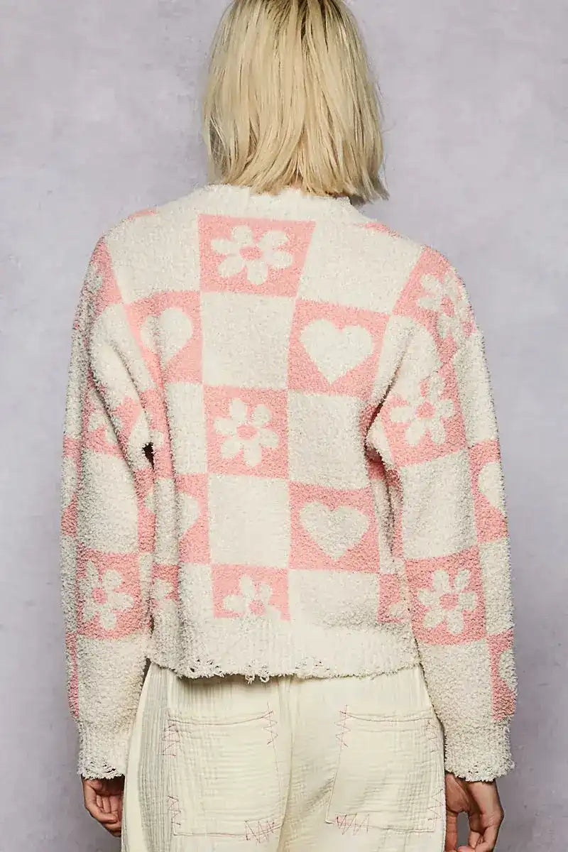 POL V-Neck Heart Pattern Checkered Sweater - Sleekdenim.com