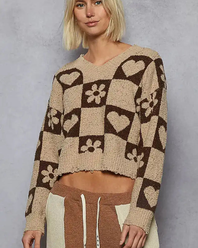 POL V-Neck Heart Pattern Checkered Sweater - Sleekdenim.com