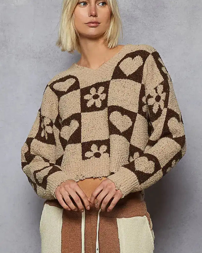 POL V-Neck Heart Pattern Checkered Sweater - Sleekdenim.com