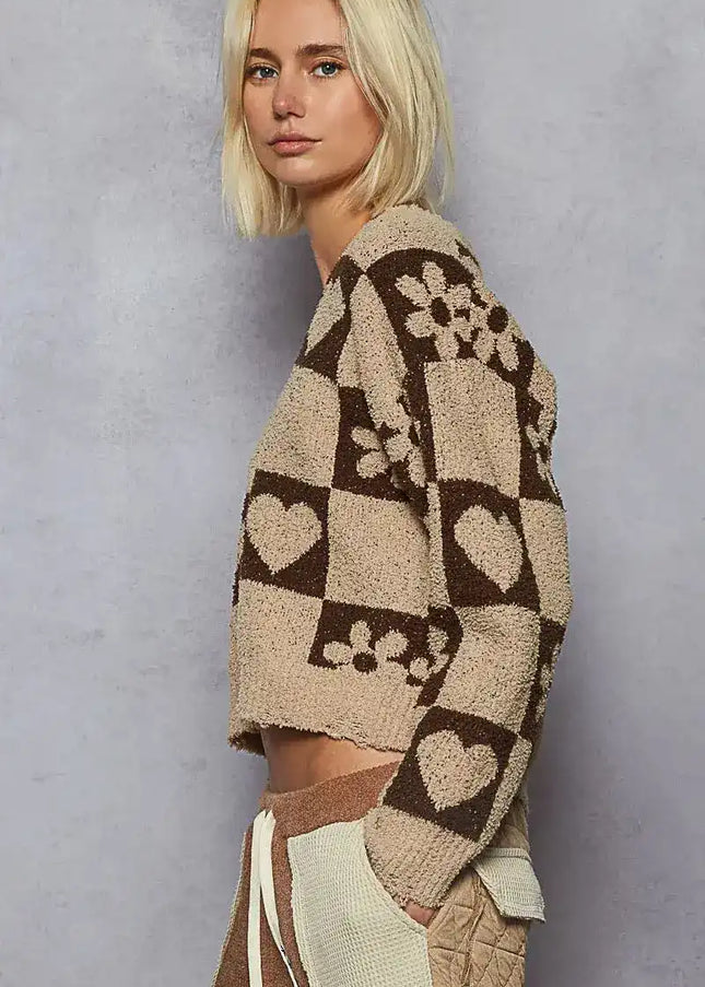 POL V-Neck Heart Pattern Checkered Sweater - Sleekdenim.com