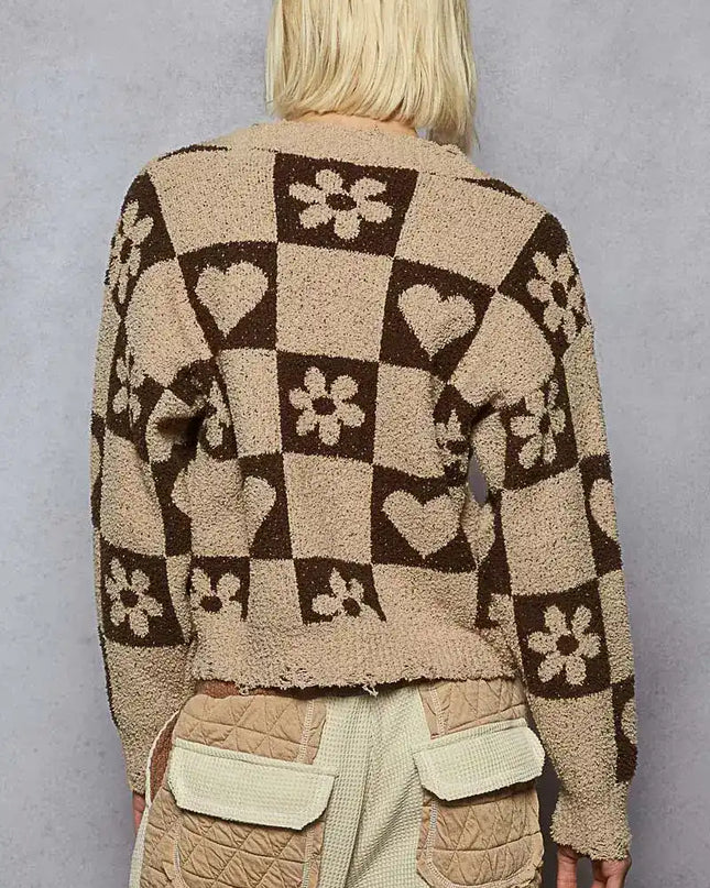 POL V-Neck Heart Pattern Checkered Sweater - Sleekdenim.com