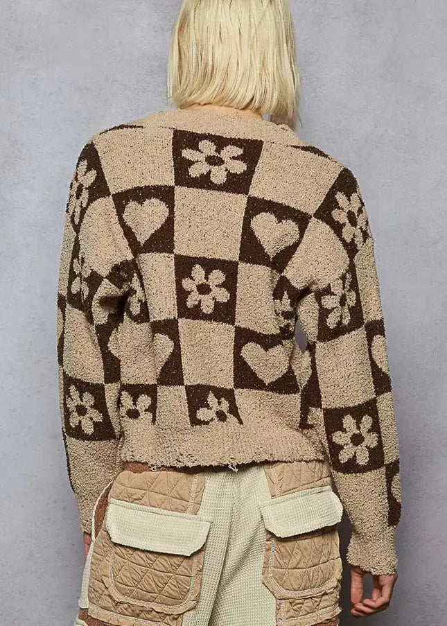 POL V-Neck Heart Pattern Checkered Sweater - Sleekdenim.com