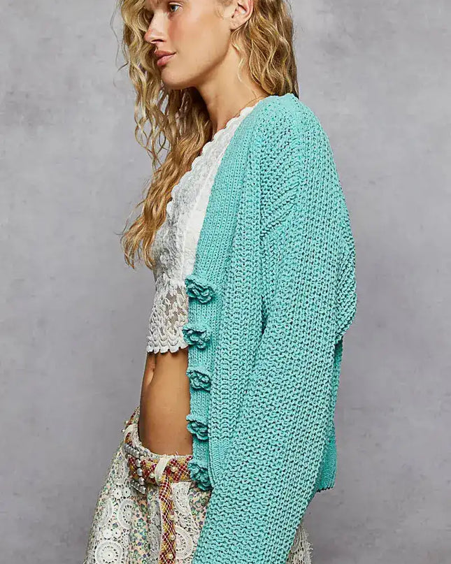 POL V-Neck Long Sleeve Cardigan with Exaggerated Buttons - Sleekdenim.com