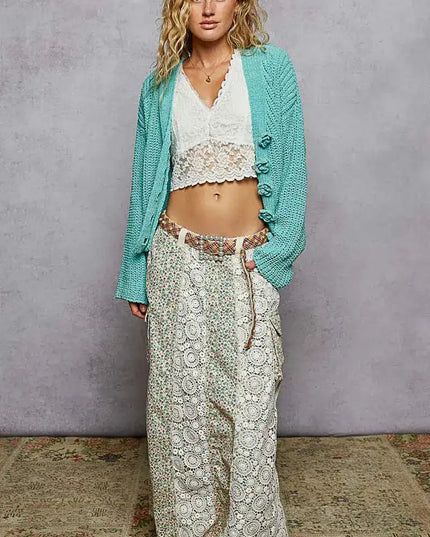 POL V-Neck Long Sleeve Cardigan with Exaggerated Buttons - Sleekdenim.com