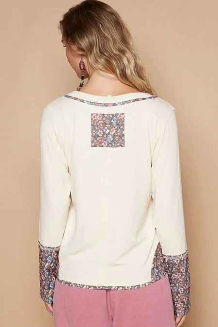 POL V - Neck Long Sleeve Floral Number Patch T-Shirt - Sleekdenim.com