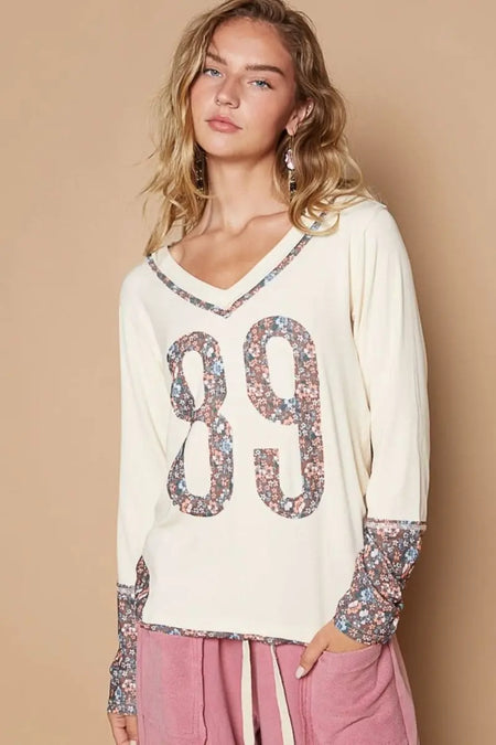 POL V - Neck Long Sleeve Floral Number Patch T-Shirt - Sleekdenim.com