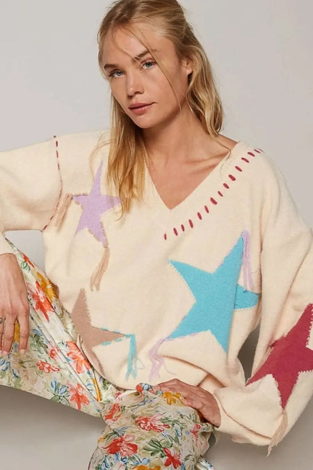 POL V - Neck Long Sleeve Star Fringe Sweater - Sleekdenim.com