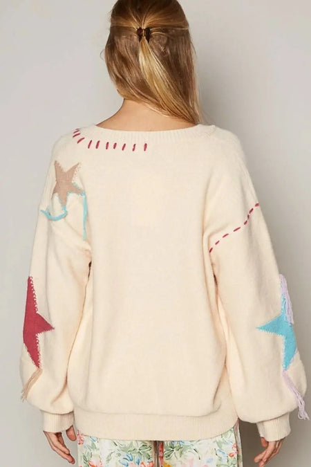 POL V - Neck Long Sleeve Star Fringe Sweater - Sleekdenim.com