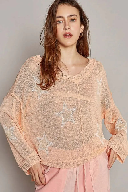 POL V - Neck Long Sleeve Star Print Knit Top - Sleekdenim.com