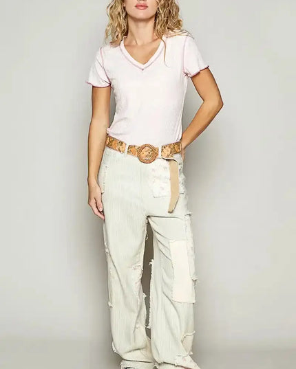 POL V-Neck Short Sleeve Ribbed T-Shirt with Contrast Overlock Stitching - Sleekdenim.com