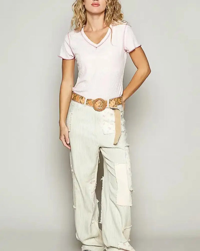 POL V-Neck Short Sleeve Ribbed T-Shirt with Contrast Overlock Stitching - Sleekdenim.com