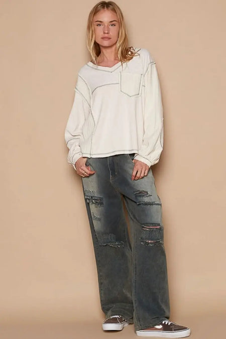 POL V - Neck knit Panel Exposed Seam Top - Sleekdenim.com