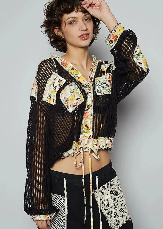 POL Vintage Washed Crochet Hoodie Jacket With Patchwork - Sleekdenim.com