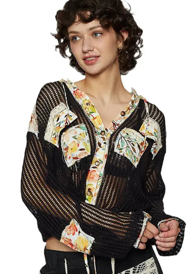 POL Vintage Washed Crochet Hoodie Jacket With Patchwork - Sleekdenim.com