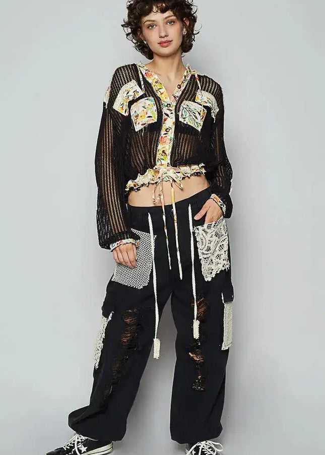 POL Vintage Washed Crochet Hoodie Jacket With Patchwork - Sleekdenim.com