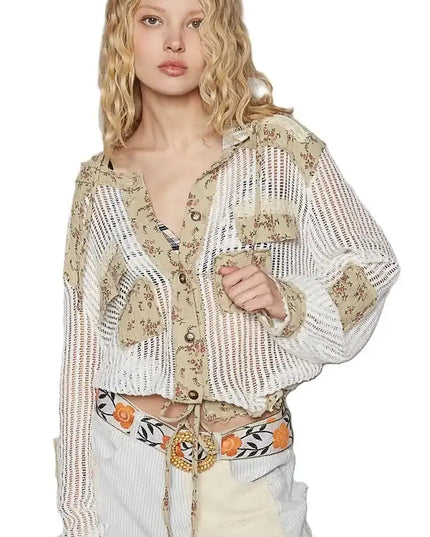 POL Vintage Washed Crochet Hoodie Jacket With Patchwork - Sleekdenim.com