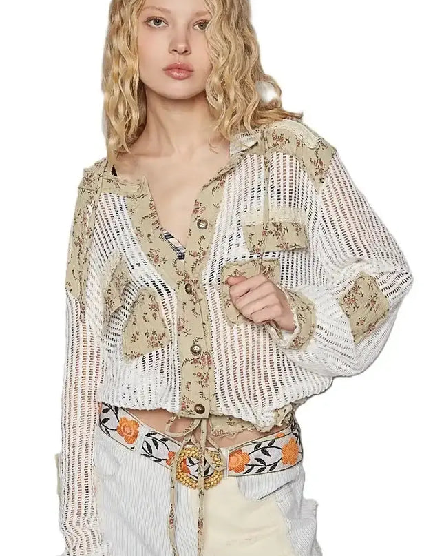 POL Vintage Washed Crochet Hoodie Jacket With Patchwork - Sleekdenim.com