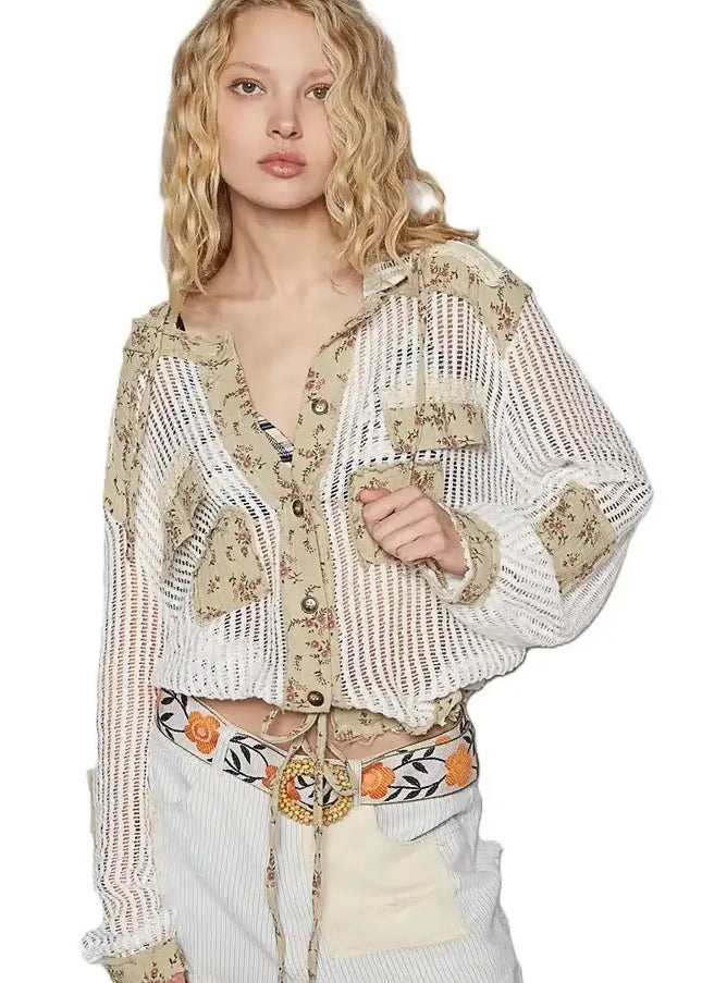 POL Vintage Washed Crochet Hoodie Jacket With Patchwork - Sleekdenim.com