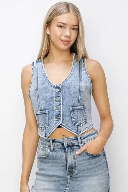 RISEN Button Down Crop Denim Vest - Sleekdenim.com