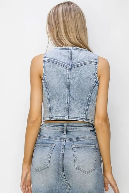 RISEN Button Down Crop Denim Vest - Sleekdenim.com