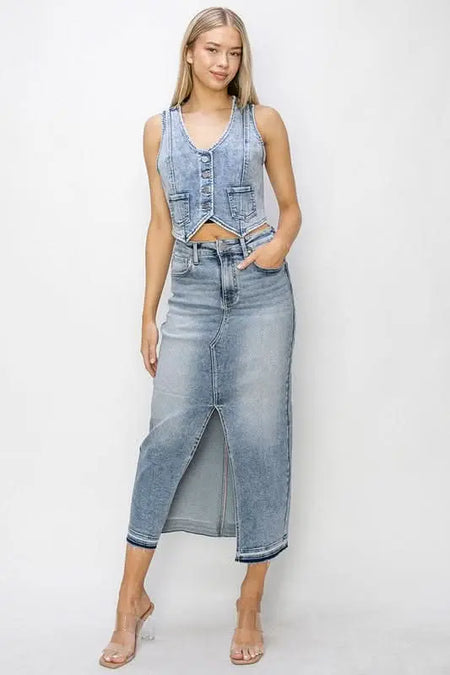 RISEN Button Down Crop Denim Vest - Sleekdenim.com