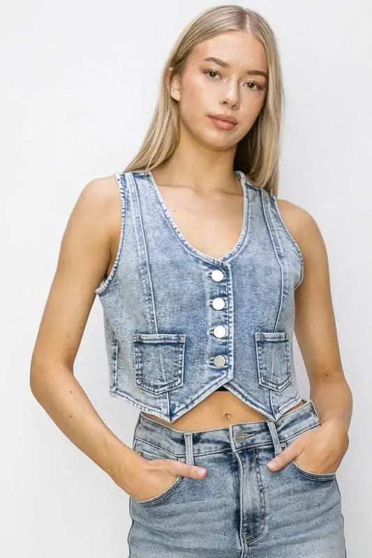 RISEN Button Down Crop Denim Vest - Sleekdenim.com