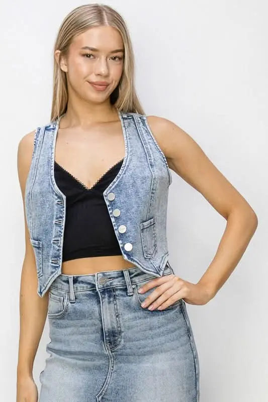 RISEN Button Down Crop Denim Vest - Sleekdenim.com