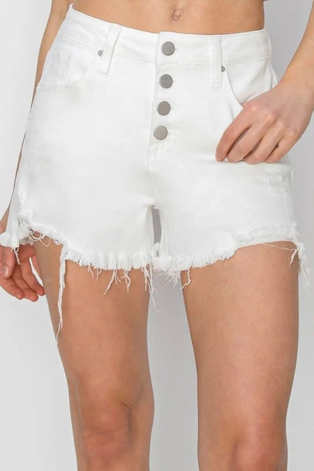 RISEN Button Fly Frayed Hem Denim Shorts - Sleekdenim.com