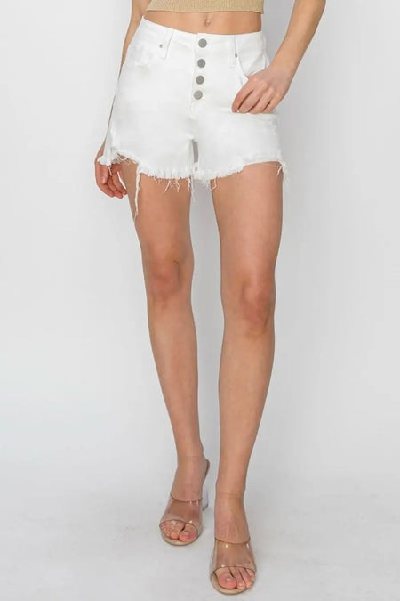 RISEN Button Fly Frayed Hem Denim Shorts - Sleekdenim.com