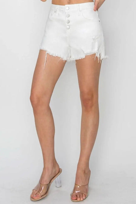 RISEN Button Fly Frayed Hem Denim Shorts - Sleekdenim.com