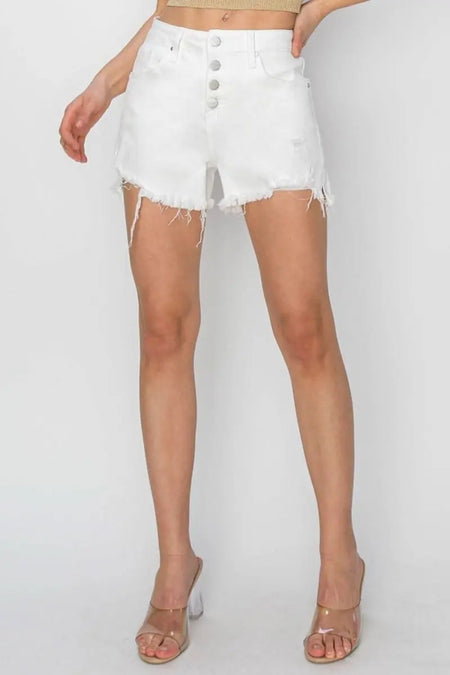 RISEN Button Fly Frayed Hem Denim Shorts - Sleekdenim.com