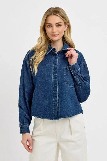 RISEN Button Up Long Sleeve Denim Shacket - Sleekdenim.com