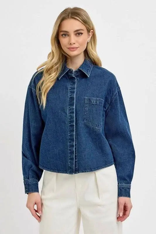 RISEN Button Up Long Sleeve Denim Shacket - Sleekdenim.com