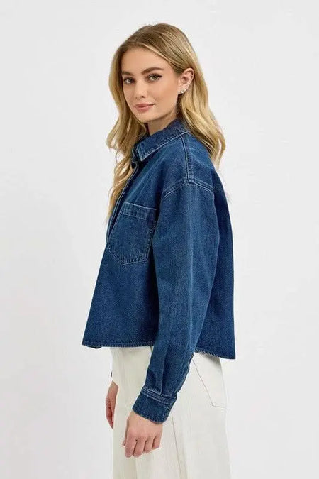 RISEN Button Up Long Sleeve Denim Shacket - Sleekdenim.com