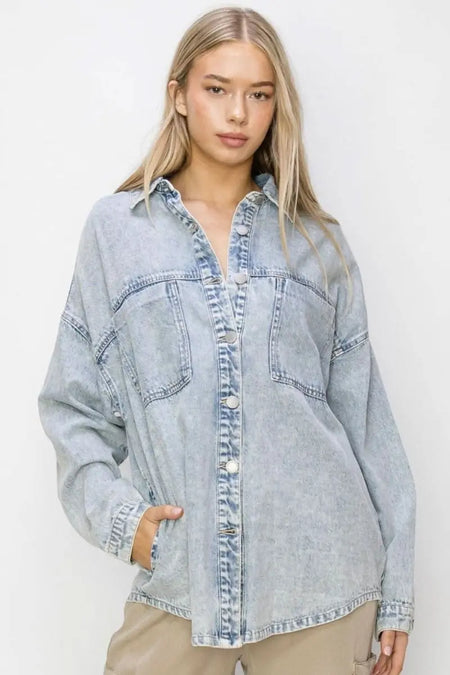 RISEN Button Up Long Sleeve Shacket - Sleekdenim.com