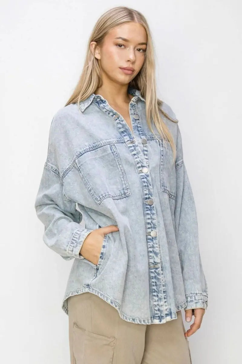 RISEN Button Up Long Sleeve Shacket - Sleekdenim.com