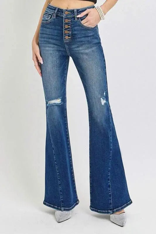 RISEN Distressed Button - Fly Flare Jeans - Sleekdenim.com