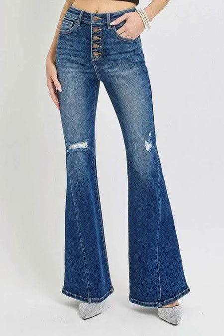 RISEN Distressed Button - Fly Flare Jeans - Sleekdenim.com