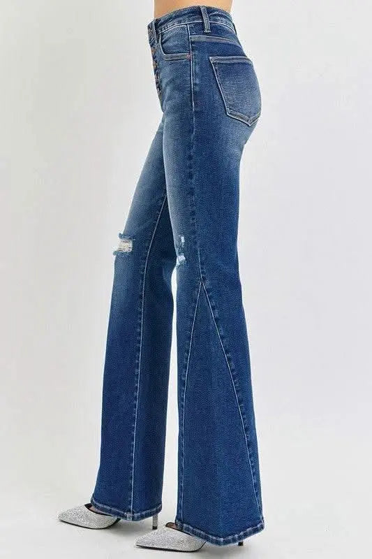 RISEN Distressed Button - Fly Flare Jeans - Sleekdenim.com