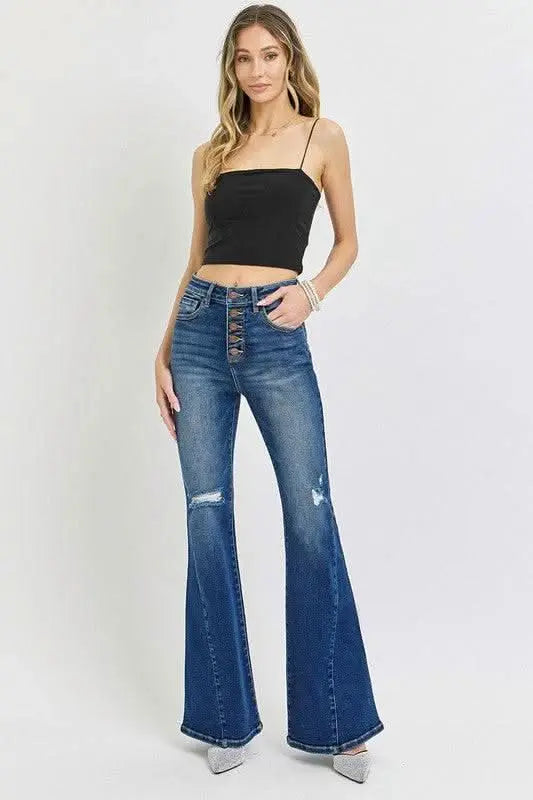 RISEN Distressed Button - Fly Flare Jeans - Sleekdenim.com