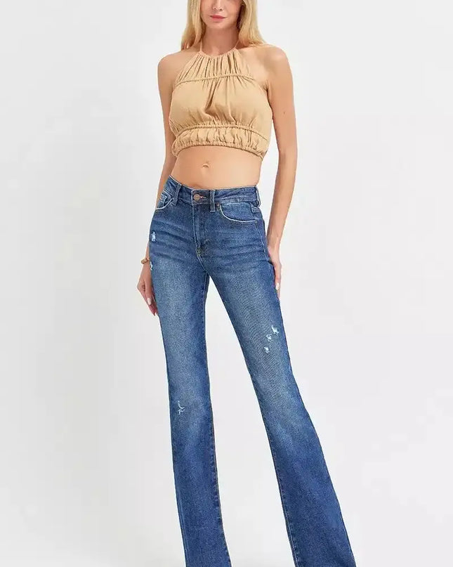 RISEN Distressed Mid Rise Flare Jeans - Sleekdenim.com