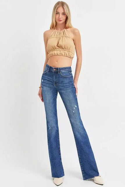 RISEN Distressed Mid Rise Flare Jeans RDP5366 - Sleekdenim.com