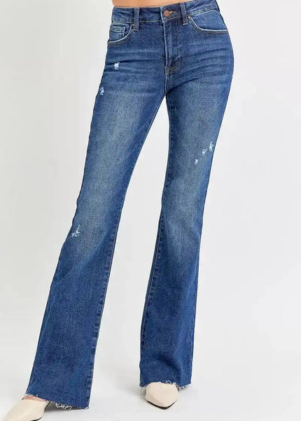 RISEN Distressed Mid Rise Flare Jeans - Sleekdenim.com