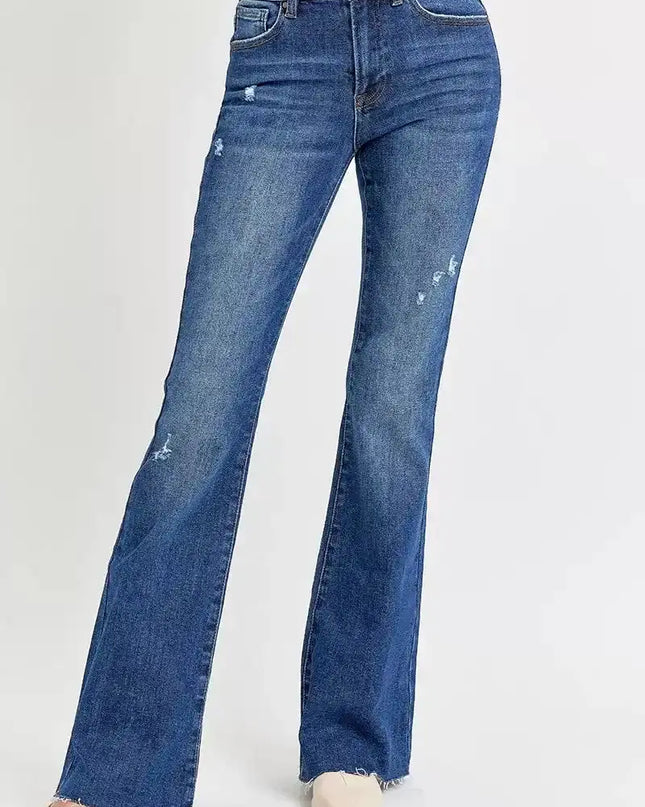 RISEN Distressed Mid Rise Flare Jeans - Sleekdenim.com